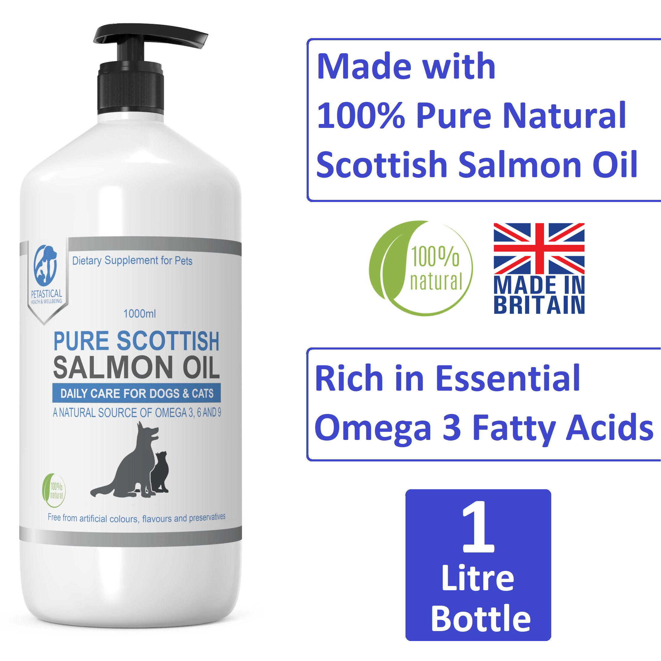 Scottish Salmon Oil for Dogs, Cats, Pets 1 Litre Fish Oil Petastical